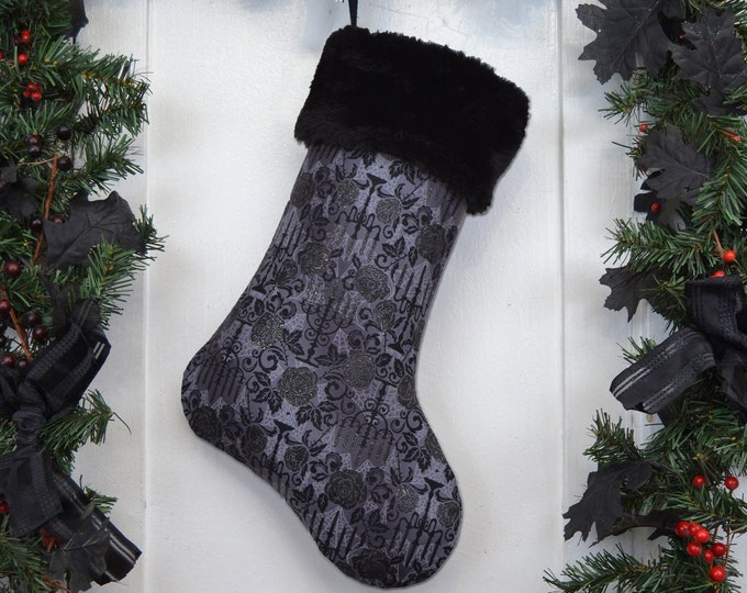 Gothic Christmas Stocking, Black Roses, Candelabra, Charcoal Gray, Spider Webs, Silver Shimmer, Black Faux Fur, Halloween Decoration
