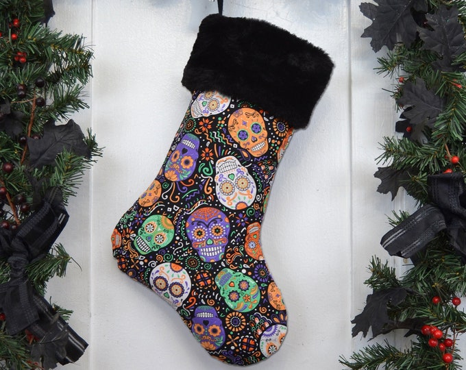 Day of the Dead Sugar Skulls Christmas Stocking, Bright and Colorful, Black Faux Fur, Canvas Liner, Multi-Color, Black Background