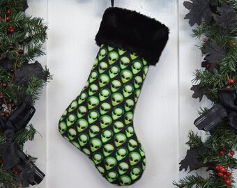 Alien Heads Christmas Stocking, Lime Green on Black, Black Faux Fur, Canvas Liner