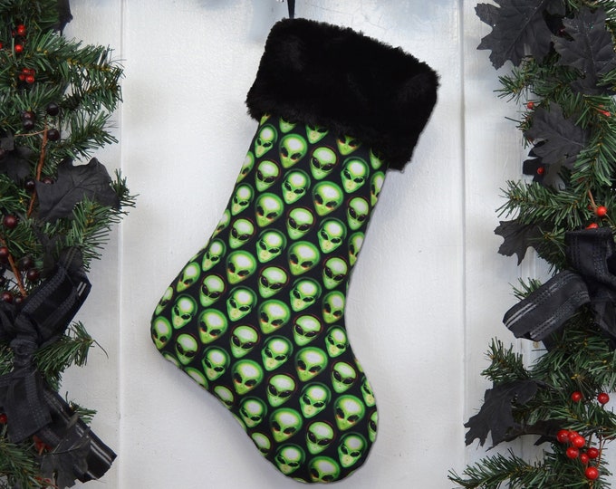 Alien Heads Christmas Stocking, Lime Green on Black, Black Faux Fur, Outer Space, Aliens, Little Green Men