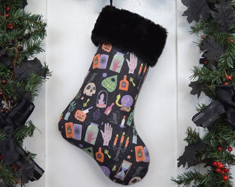 Mystical Occult Halloween Christmas Stocking, Witchcraft, Ouija, Tarot, Apothecary, Pumpkins, Black Faux Fur, Canvas Liner, Dark Christmas