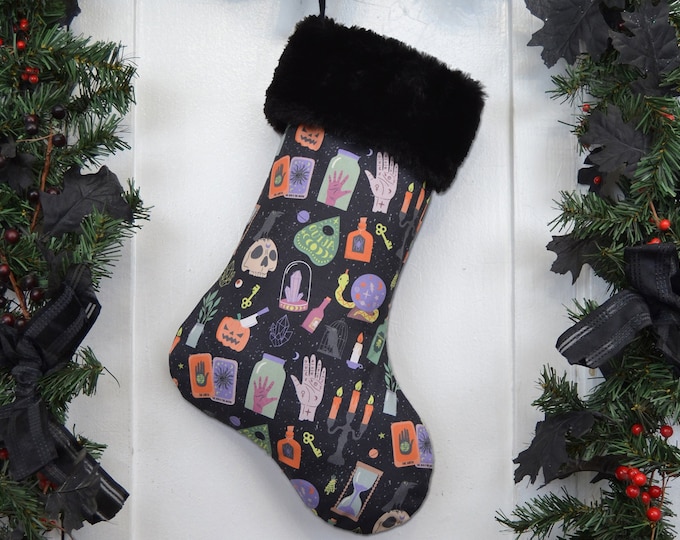 Mystical Occult Halloween Christmas Stocking, Witchcraft, Ouija, Tarot, Apothecary, Pumpkins, Black Faux Fur, Canvas Liner