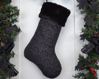Gothic Skull Damask Christmas Stocking, Black, Dark Gray, Goth Punk Rock, Black Faux Fur, Halloween Christmas, Dark Christmas, Deathrocker