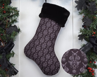 READY TO SHIP Gothic Bats Damask Christmas Stocking, Black, Dark Gray, Goth Punk Rock, Black Faux Fur, HalloweeN, Dark Christmas, Gothmas