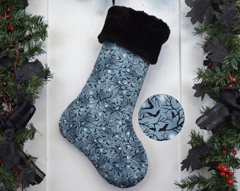 Handmade Beautiful Bats Christmas Stocking, Blue Twilight Night Sky, Spooky Trees, Black Faux Fur Cuff, Black Canvas Liner