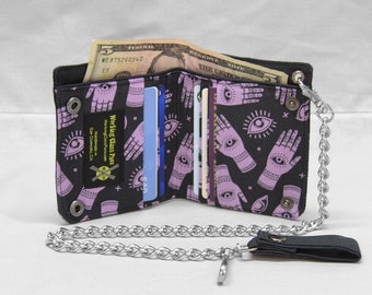 Palmistry Vegan Chain Wallet, Black and Purple, Occult, Third Eye, Divination, Fortune Teller, Fabric Pockets, Black Canvas Wallet