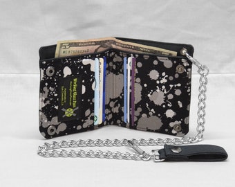 Vegan Chain Wallet, Black and Gray Splatter, Fabric Pockets, Black Canvas Wallet, Punk Rock, Goth, Rocker, Skater Wallet
