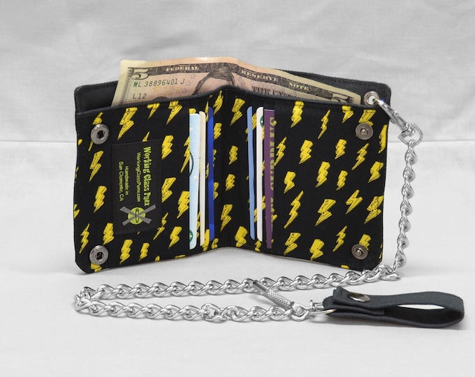 Vegan Chain Wallet Lightning Bolts, Skater Punk, Rock and Roll, Fabric Pockets, Black Canvas Wallet, Detachable Chain