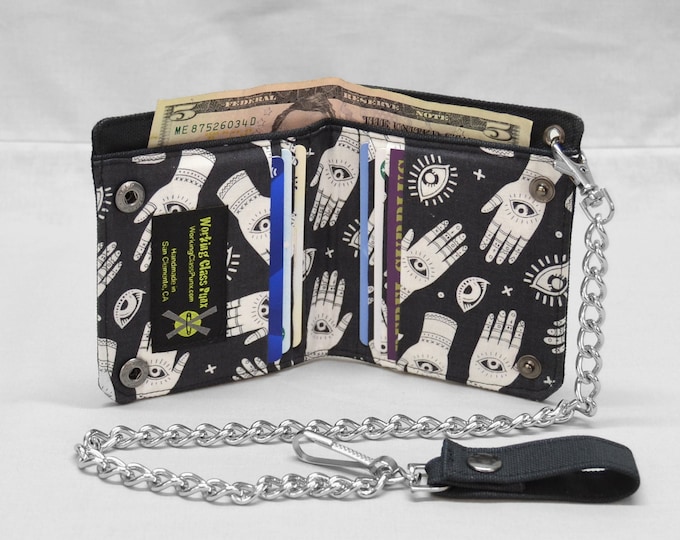 Palmistry Black and White Vegan Chain Wallet, Occult, Third Eye, Divination, Witchcraft, Fortune Teller, Fabric Pockets, Black Canvas Wallet