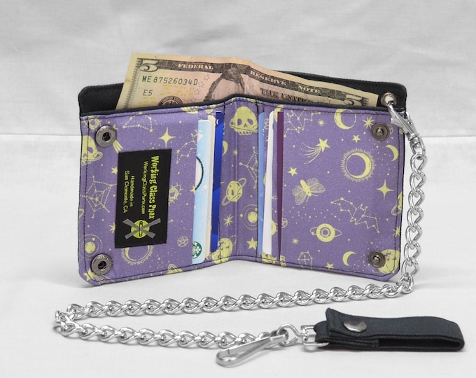 Purple Halloween Vegan Chain Wallet, Pumpkins, Skulls, Coffins, Bats, Fabric Pockets, Black Canvas Wallet, Spooky Princess