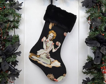 Zombie Christmas Stocking, Pin Up Girl, Goth Punk Rock, Halloween Christmas, Psychobilly, Black Faux Fur, Horror Fan, Blood Gore