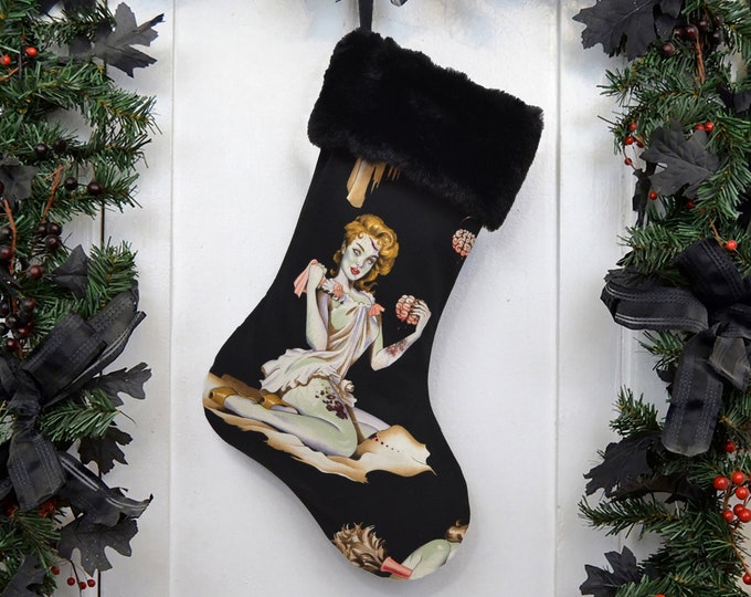 Zombie Christmas Stocking, Pin Up Girl, Goth Punk Rock, Halloween Christmas, Psychobilly, Black Faux Fur, Horror Fan, Blood Gore