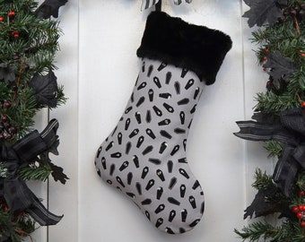 Handmade Mini Coffins Christmas Stocking, Black and Gray, Black Faux Fur, Black Canvas Liner, Horror Punk, Goth, Psycobilly
