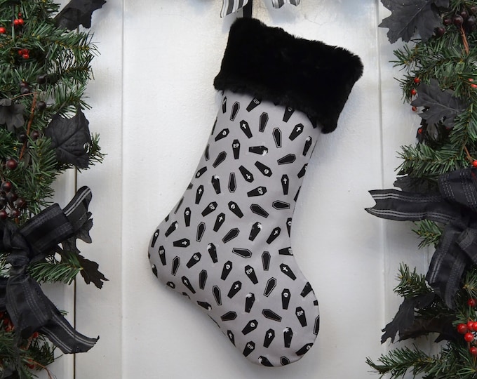 Mini Coffins Goth Halloween Christmas Stocking, Black and Gray, Black Faux Fur, Halloween Decoration, Black Canvas Liner