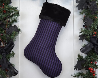 Dark Purple and Black Stripe Christmas Stocking, Halloween Christmas, Gothmas, Goth Punk, Vertical Stripe, Black Faux Fur Cuff