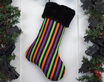 Halloween Stripe Christmas Stocking, Orange Purple Green Stripe, Cute Halloween Fun, Black Faux Fur