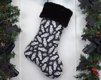 READY TO SHIP Palmistry Divination Black and White Christmas Stocking, Witchcraft, Occult, Third Eye, Fortune Teller, Black Faux Fur Cuff