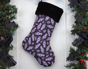 READY TO SHIP Palmistry Divination Purple Black Christmas Stocking, Witchcraft, Occult, Third Eye, Fortune Teller, Black Faux Fur Cuff