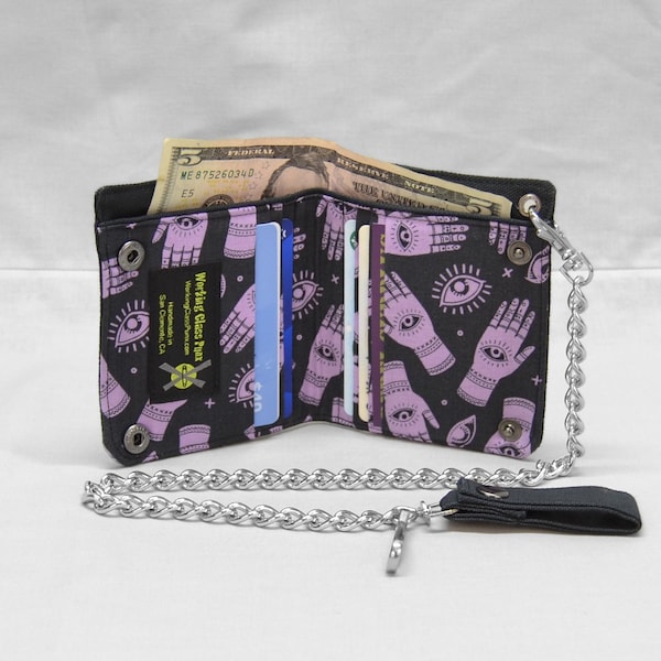 Palmistry Vegan Chain Wallet, Black and Purple, Occult, Third Eye, Divination, Fortune Teller, Fabric Pockets, Black Canvas Wallet