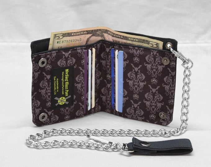 Bats Damask Vegan Chain Wallet, Black and Gray, Goth Gothic, Spooky Cute, Fabric Pockets, Black Canvas Wallet, Halloween Everyday