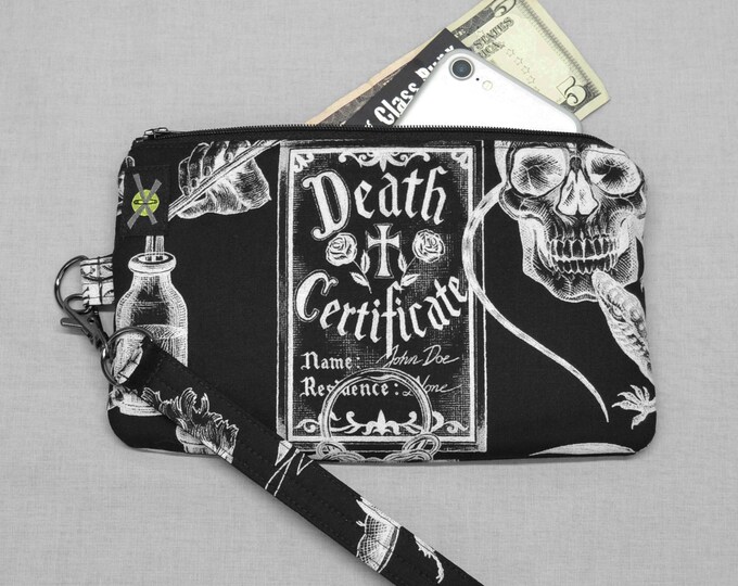 Dark Magic Phone Purse Wristlet, Black Zipper Pouch, Gothic Purse, Witchcraft, Voodoo, Skulls, Goth Punk Rock, Detachable Strap, Horror Fan