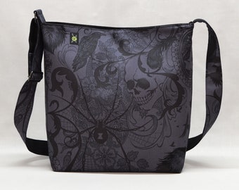 Gothic Black Widow Large Crossbody Bag, Charcoal Black, Work School Book Bag, Ravens Skulls, Fabric Shoulder Bag Canvas Liner, Dark Academia