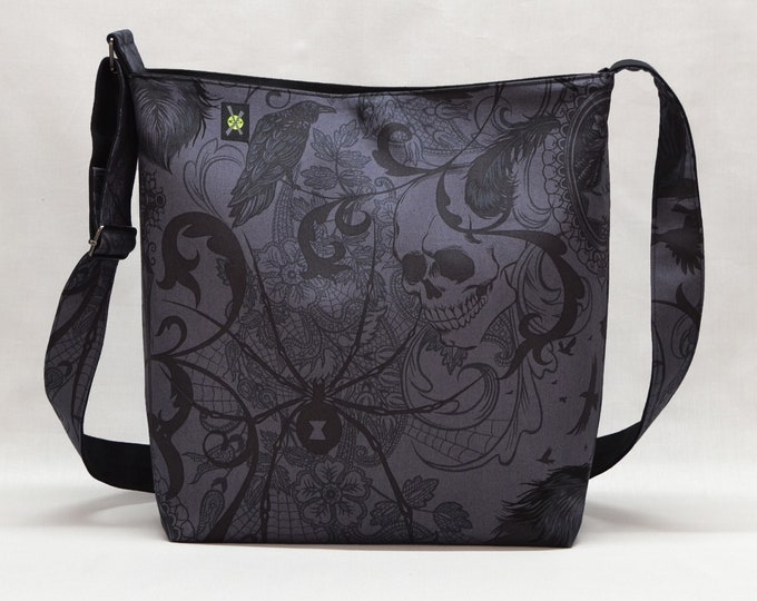 Gothic Black Widow Large Crossbody Bag, Charcoal Black, Work School Book Bag, Ravens Skulls, Fabric Shoulder Bag Canvas Liner, Dark Academia