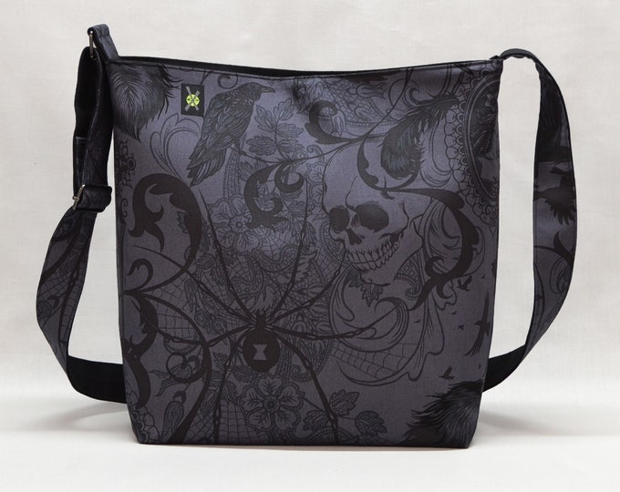 Gothic Black Widow Large Crossbody Bag, Work School Book Bag, Ravens Skulls, Fabric Canvas Shoulder Bag, Charcoal Black