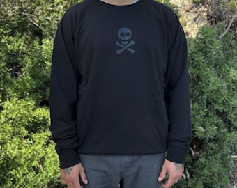 Black on Black Skull Crewneck Lightweight Sweatshirt Punk Goth Pirate