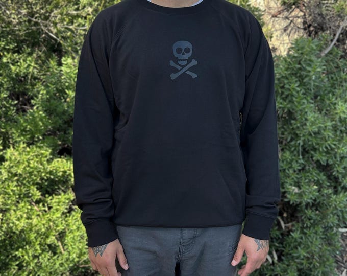 Black on Black Skull Crewneck Lightweight Sweatshirt Punk Goth Pirate