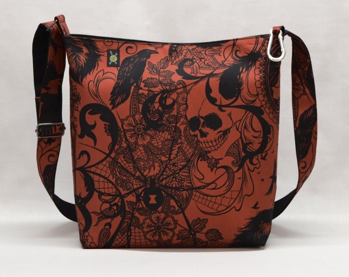 Large Gothic Crossbody Bag, Ravens, Skulls, Black Widow, Fabric Purse, Work School Book Bag with Pockets, Canvas Liner, Red and  Black