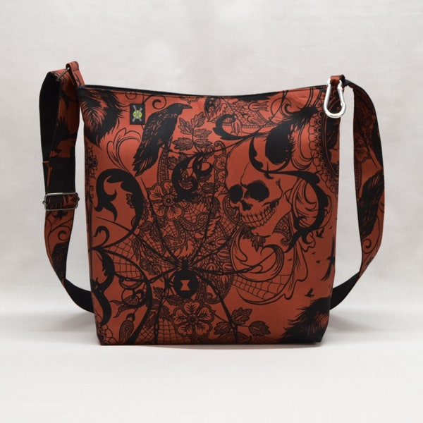 Large Gothic Crossbody Bag, Ravens, Skulls, Black Widow, Fabric Purse, Work School Book Bag with Pockets, Canvas Liner, Red and  Black