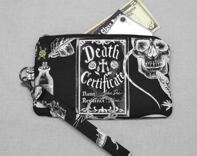 Dark Magic Phone Purse Wristlet, Black Zipper Pouch, Gothic Purse, Witchcraft, Voodoo, Skulls, Goth Punk Rock, Detachable Strap, Horror Fan