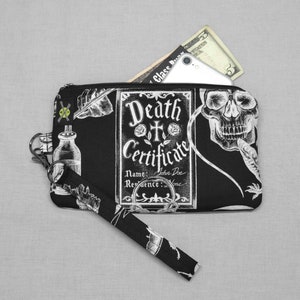Monedero de teléfono con magia oscura, bolsa negra con cremallera, monedero gótico, brujería, vudú, calaveras, rock punk gótico, correa desmontable, fanático del terror
