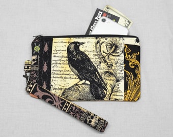 Gothic Antique Nevermore Crow Phone Purse Wristlet, Zipper Pouch, Wallet Wristlet, Small Goth Purse, Detachable Strap, Black Brown