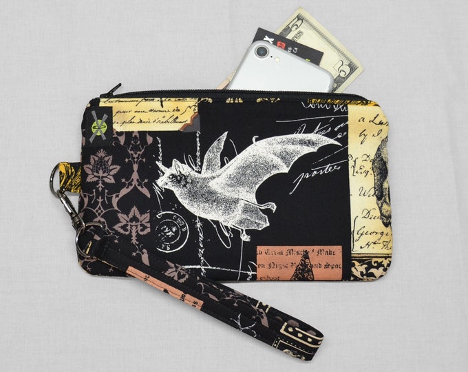Gothic Antique Nevermore White Bat Phone Purse Wristlet, Zipper Pouch, Wallet Wristlet, Small Goth Purse, Detachable Strap, Black Brown