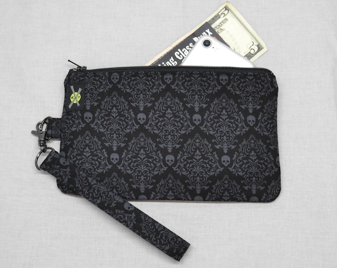 Gothic Skull Damask Phone Purse Wristlet, Zipper Pouch, Wallet Wristlet, Small Goth Purse, Detachable Strap, Black and Charcoal Gray