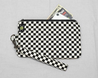 Black and White Checkered Phone Purse Wristlet, Zipper Pouch, Wallet Wristlet, Small Punk Purse, Detachable Strap, Skater Girl Boy