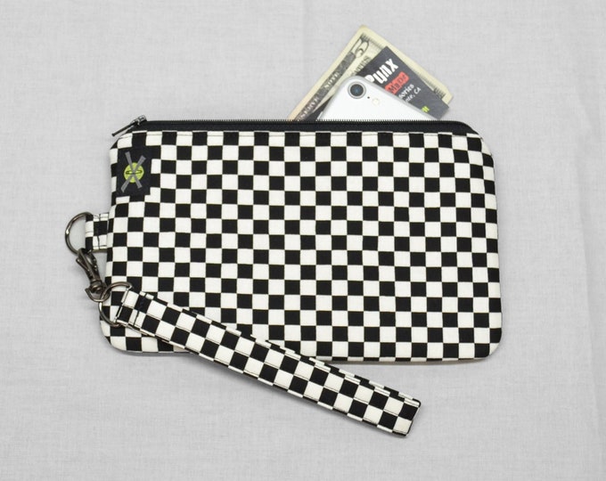 Black and White Checkered Phone Purse Wristlet, Zipper Pouch, Wallet Wristlet, Small Punk Purse, Detachable Strap, Skater Girl Boy