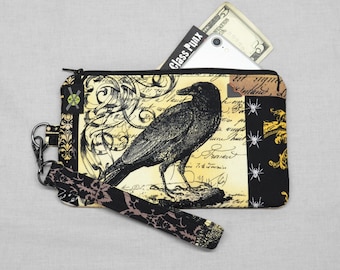 Gothic Antique Nevermore Raven Phone Purse Wristlet, Zipper Pouch, Wallet Wristlet, Small Goth Purse, Detachable Strap, Black Brown
