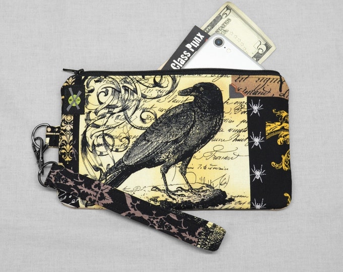 Gothic Antique Nevermore Raven Phone Purse Wristlet, Zipper Pouch, Wallet Wristlet, Small Goth Purse, Detachable Strap, Black Brown