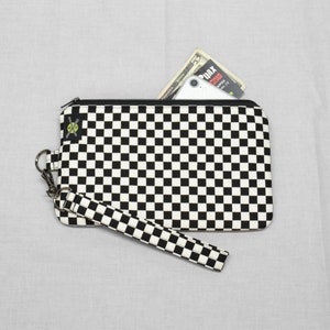 Monedero de muñeca para teléfono a cuadros blancos y negros, con cremallera, monedero de muñeca, monedero punk pequeño, correa desmontable, para chica patinadora.