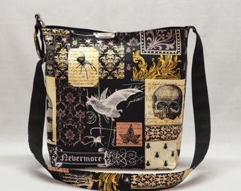 Nevermore Gothic Antique Large Crossbody Bag, Bats Owls Skulls, Fabric Canvas Shoulder Bag, School Work Book Bag, Black Sepia Brown