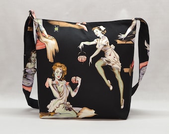 Zombie Large Crossbody Bag, Pin Up Girls, Work School Book Bag, Black and Green, Fabric Shoulder Bag with Canvas Liner, Horror Fan