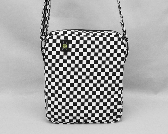 Black and White Checkered Small Crossbody Bag, Fabric Purse, Rude Girl Mod, Zipper Top Closure, Pockets