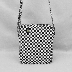 Black and White Checkered Small Crossbody Bag, Fabric Purse, Rude Girl Mod, Zipper Top Closure, Pockets