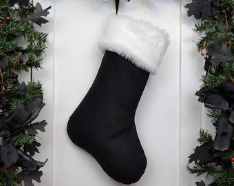 Plain All Black Christmas Stocking with White Fur, Black Canvas Liner