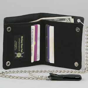 Cartera vegana con cadena completamente negra, bolsillos de tela negra, cartera de lona negra, estilo punk, gótico, rockero, negro liso, sin estampado, sin diseño, cartera skater