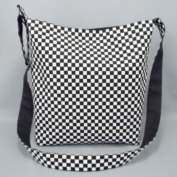 Black and White Checkered Large Crossbody Bag, School Work Book Bag, Skater, Punk Rock, Tomboy, Fabric Bag with Canvas Liner