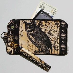 Monedero de mano gótico antiguo con diseño de búho Nevermore, bolsa con cremallera, cartera de mano, bolso de mano de tela, correa desmontable, negro y marrón, bolso gótico
